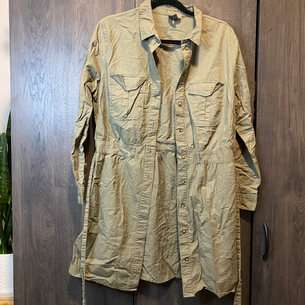 HM Divided Olive Green Utility Shirt Dress Cotton‎ Long Sleeve Button Down L